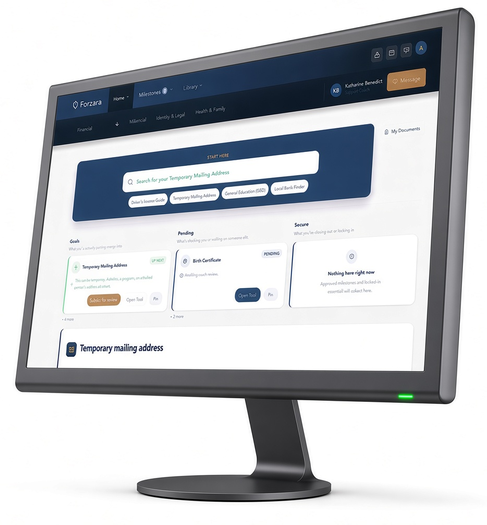 Forzara home dashboard, showing goals, pending tasks, and secured milestones